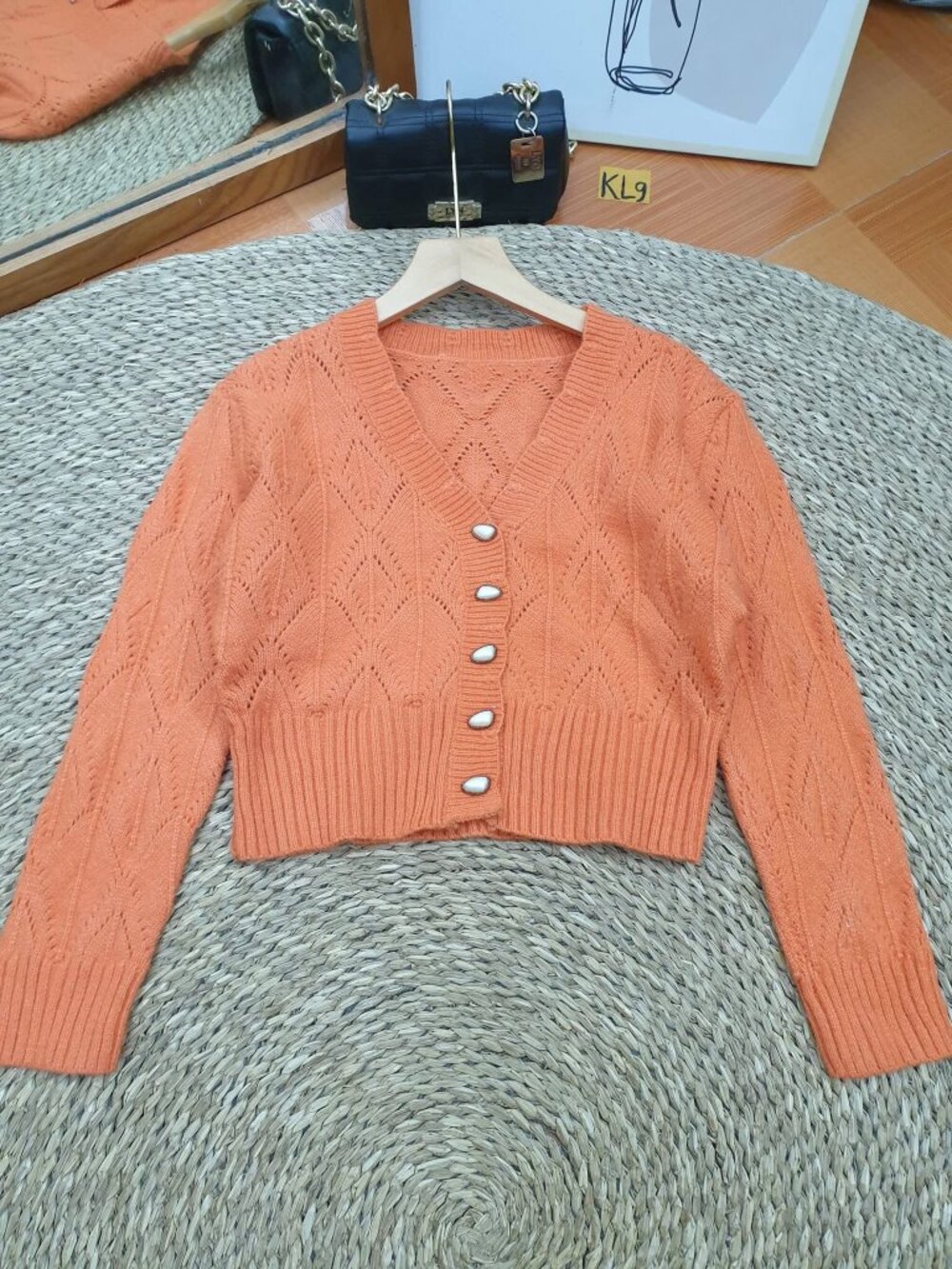 Orange Crochet Knit Cardigan Pearl Button Cropped V Neck Sweater